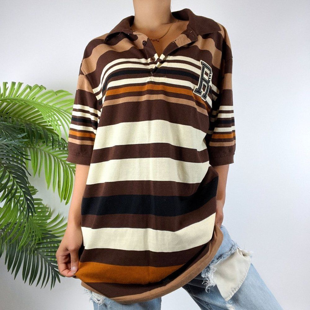Vintage Y2K Brown Striped Indie Grunge Short Sleeve Oversized Polo Shirt / Med